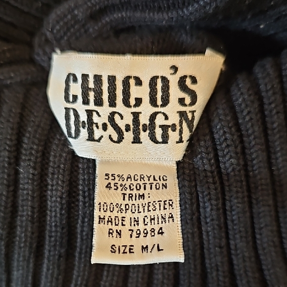 Chico's Design Black Faux Suede Trim Turtleneck Poncho, Sweater Sz M/L - Picture 9 of 9